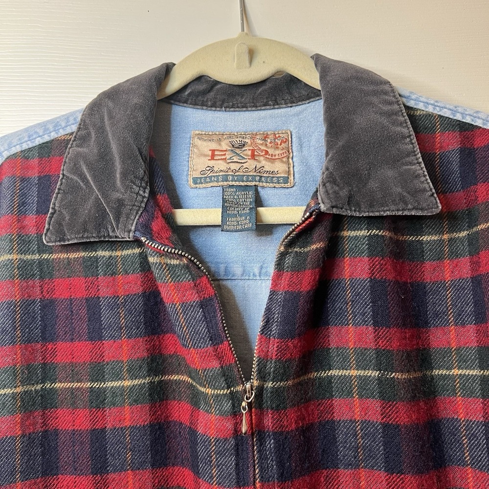 Vintage EXP Jeans by Express Plaid Denim Mixed Media Zip Up‎ Shirt Jacket Large